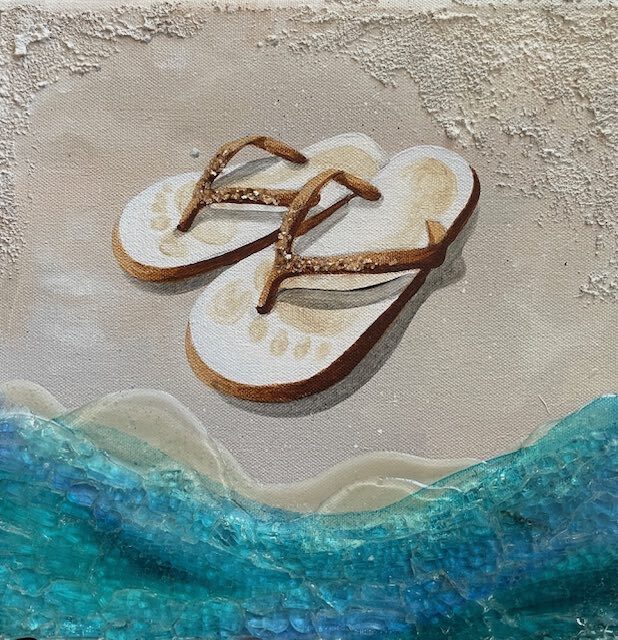 All tha Glitters jandal footwear on beach artwork by Collette Fergus nz artist